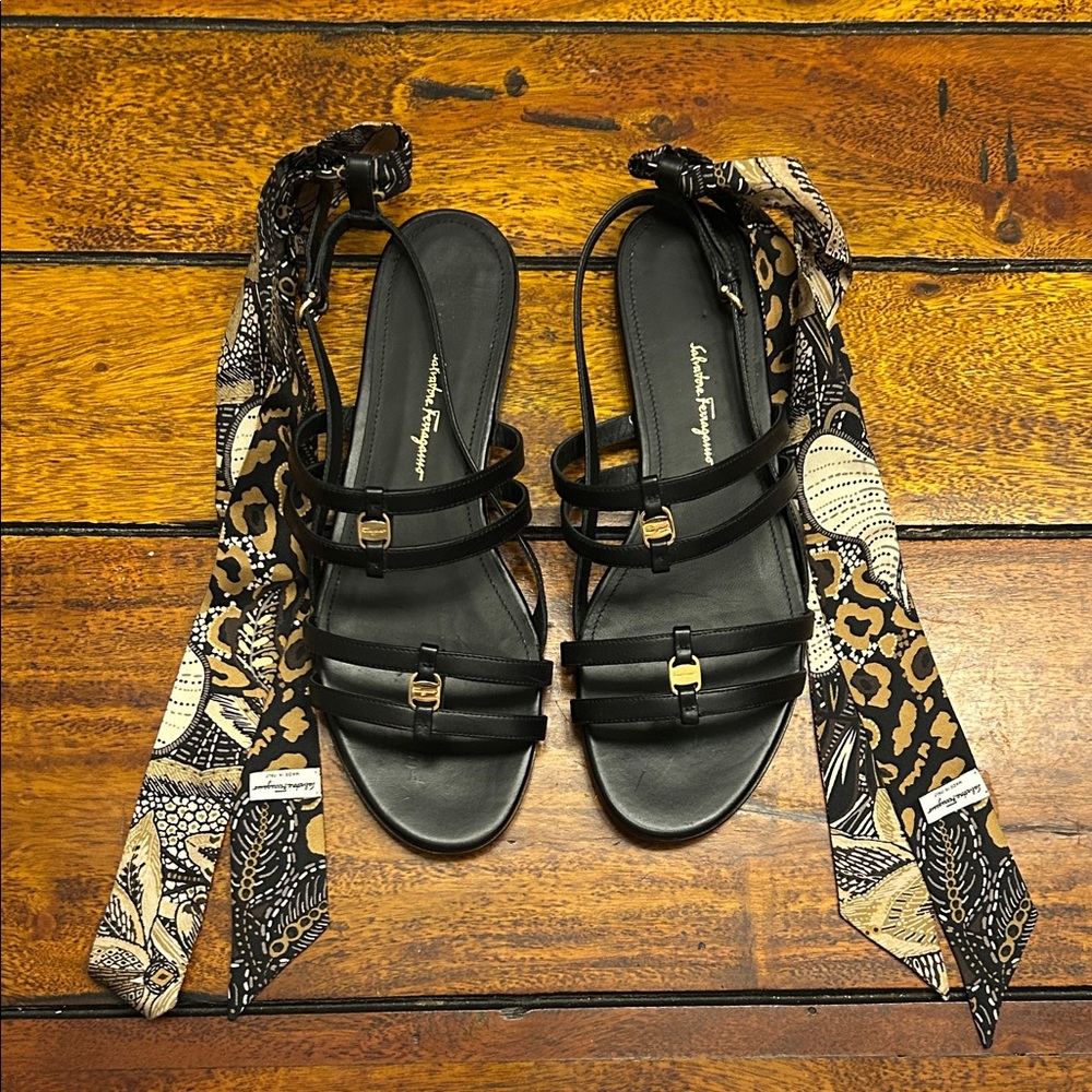 Salvatore Ferragamo Black Vara Lace Up Sandals with Patterned Scarf